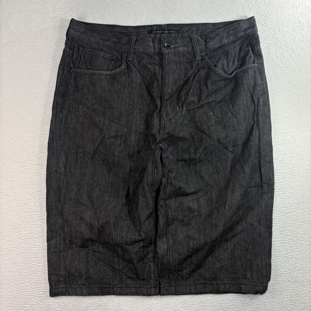 Y2K Sean John Baggy Jorts Men 38x16 Black Relaxed Loose Jean Short Baggy Vintage